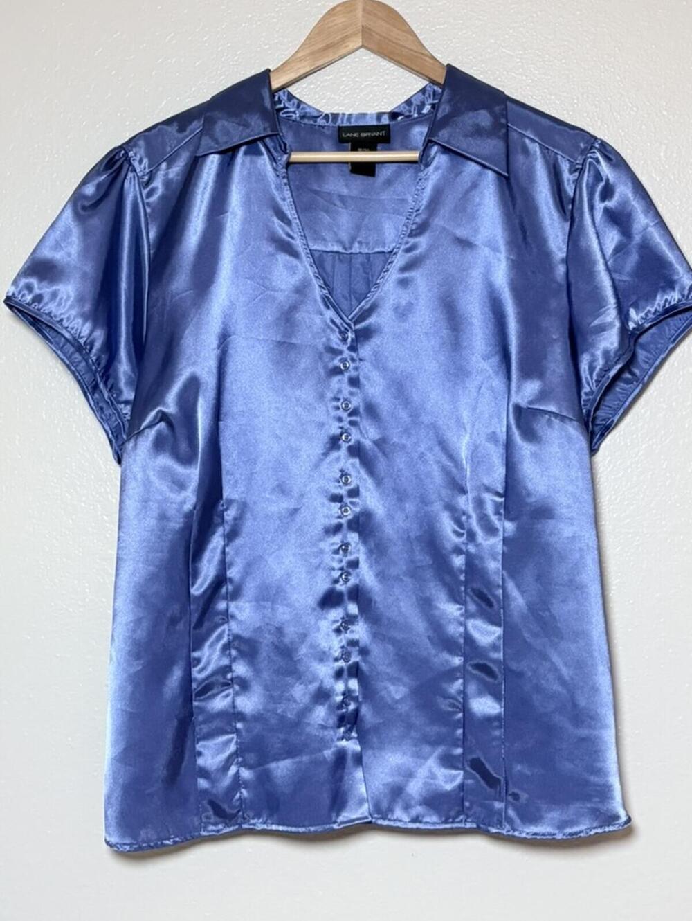 Lane Bryant Blue Satin Button Front V Neck Blouse Plus Size 18 20